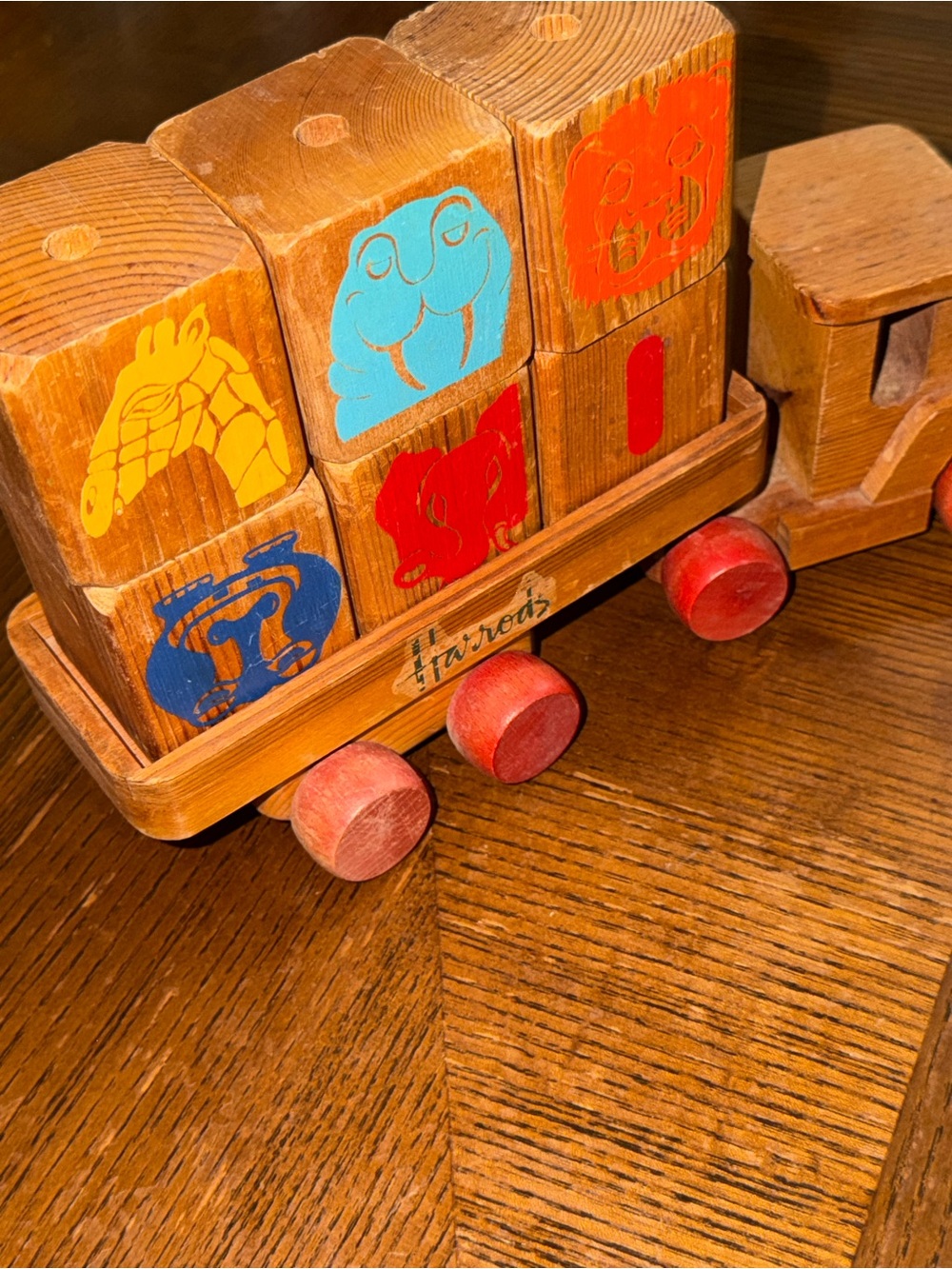 Harrods Wooden Animal Block Train - Red, Blue, Yellow, Orange, Turquoise